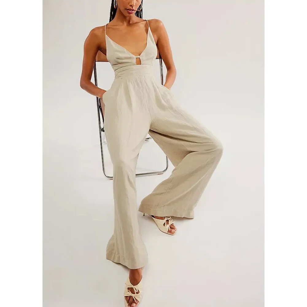 Free People Emma Linen Jumpsuit Alfalfa Size Large - Picture 2 of 16